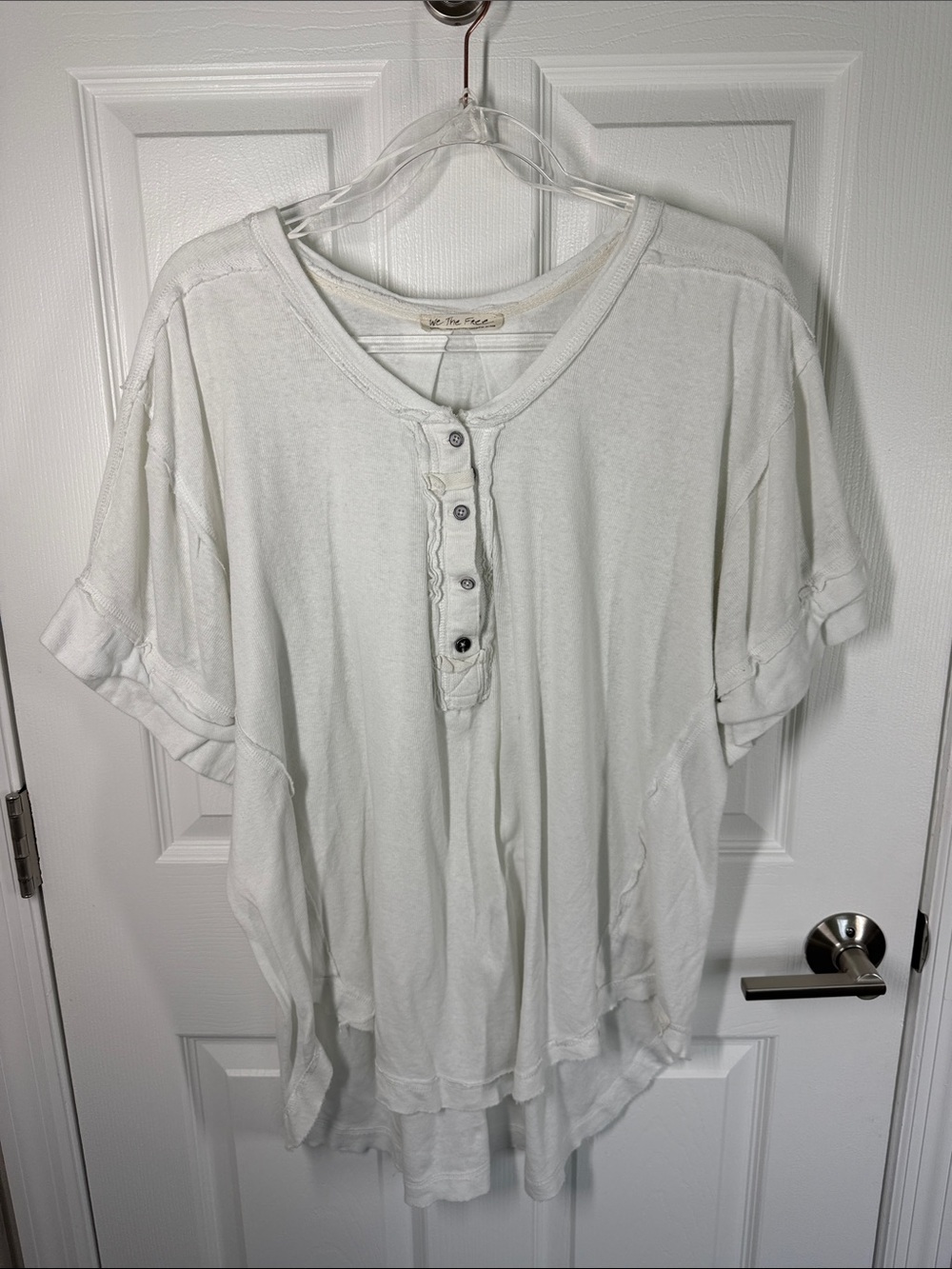 Free people we the free white cotton ribbed distressed henley size large